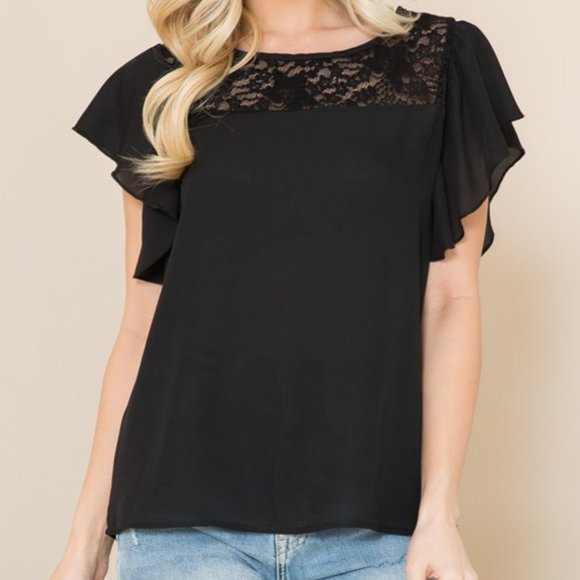 Woven Ruffle Sleeve with Lace Contrast NWT - Picture 1 of 3